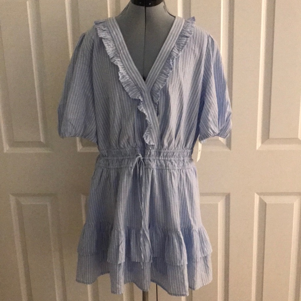 New Free Assembly Blue & White Stripe Mini Dress Ruched Waist & Ruffles XXL 20